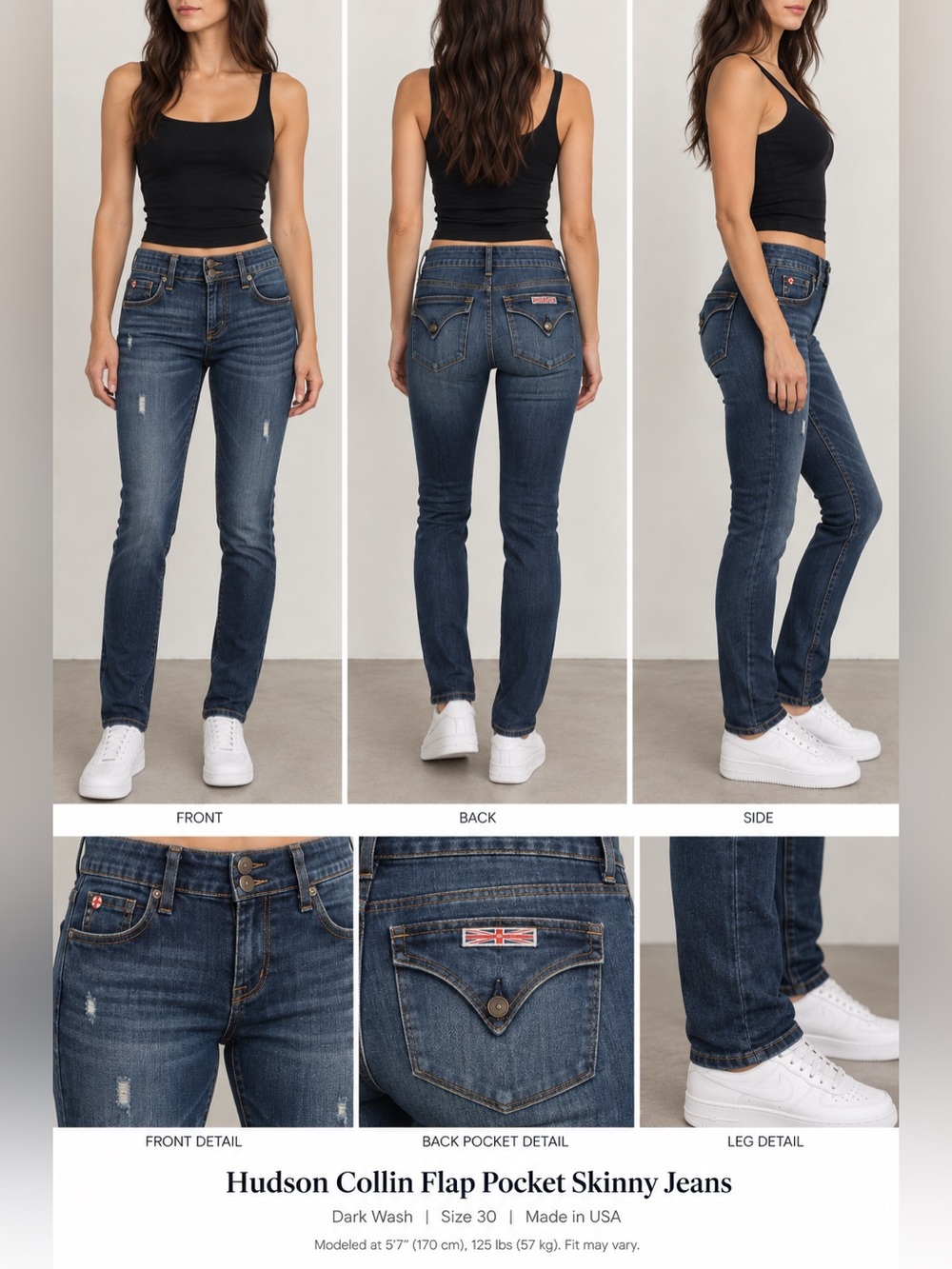 Hudson Collin Flap Pocket Skinny Jeans Dark Wash Size 30